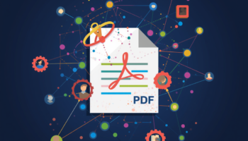 Graphic symbolizing PDF accessibility with a PDF document icon in the center surrounded by floating gears and other shapes