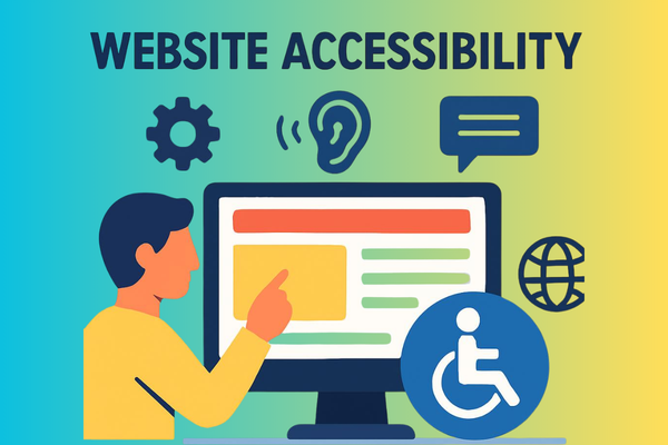 Illustration of a person pointing at a computer monitor with website accessibility icons.